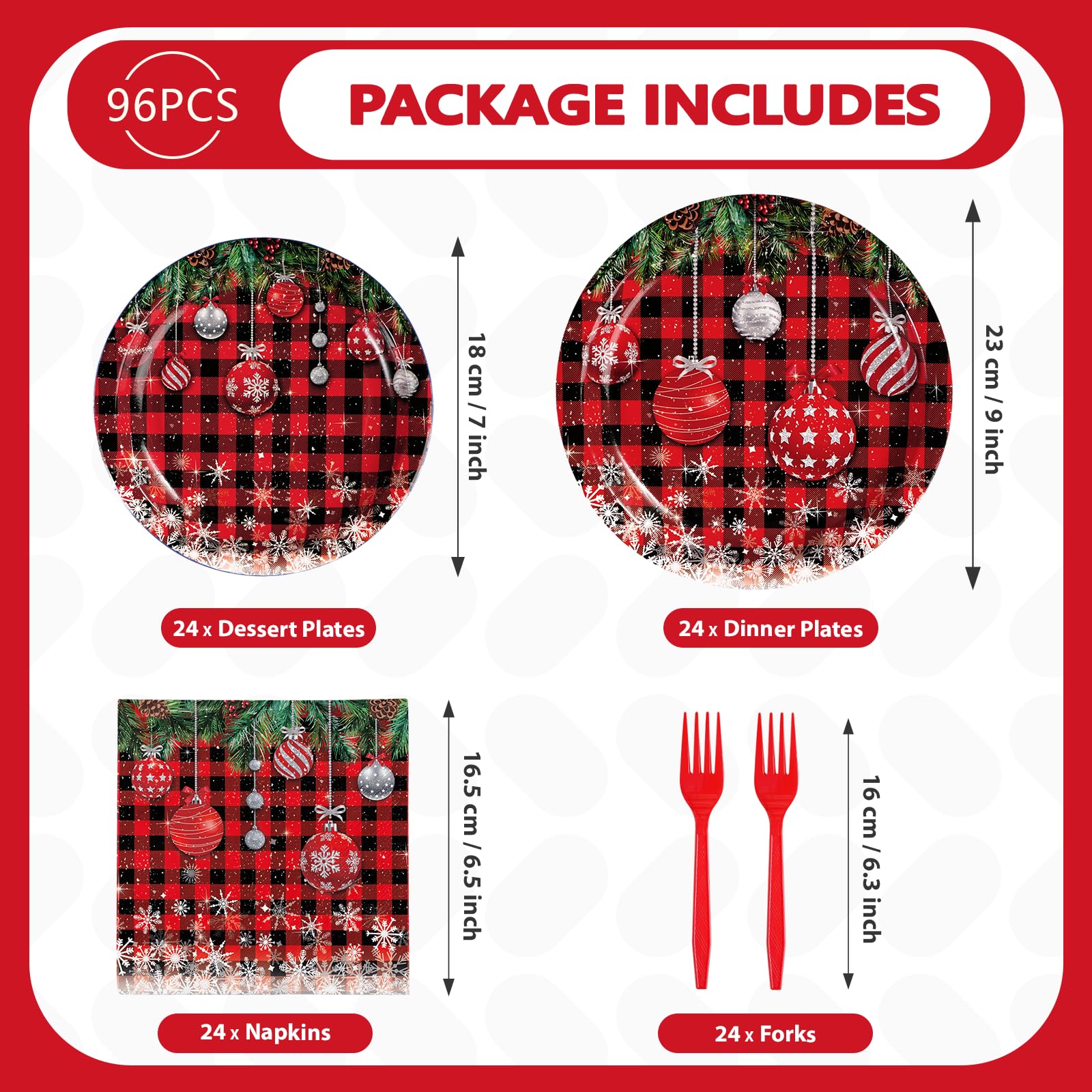 96 Pcs Christmas Ball Buffalo Plaid Party Plates and Napkins - Grencian