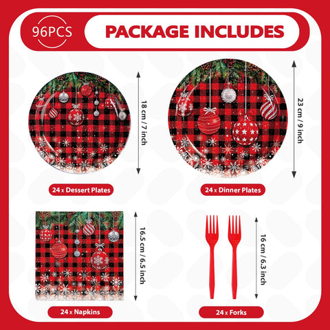 96 Pcs Christmas Ball Buffalo Plaid Party Plates and Napkins - Grencian