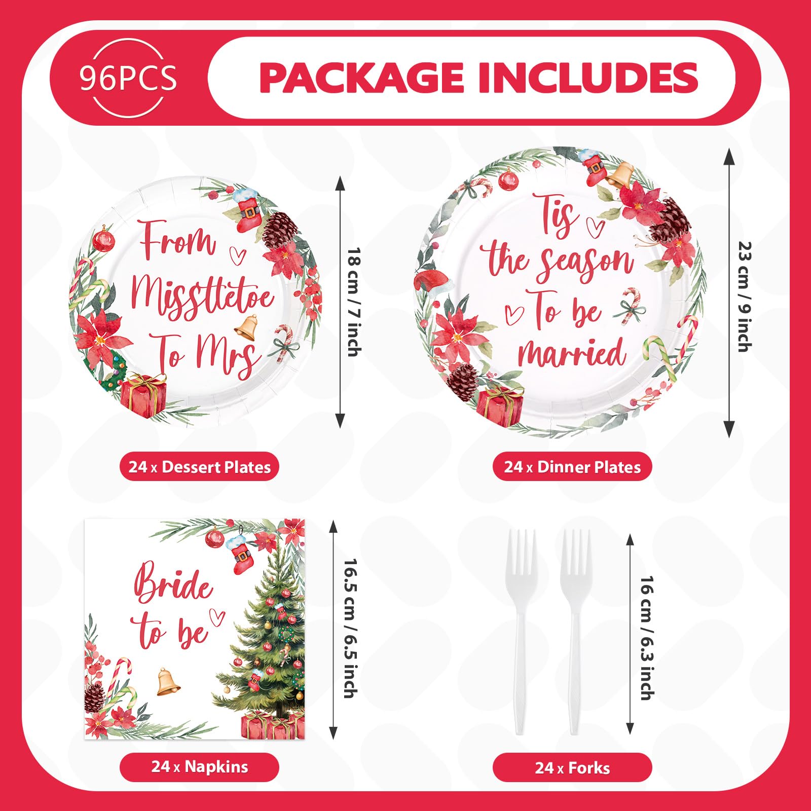 96 Pcs Christmas Bridal Shower Party Plates and Napkins - Grencian