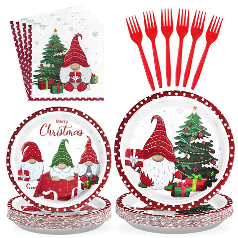 96 Pcs Christmas Gnomes Party Plates and Napkins - Grencian