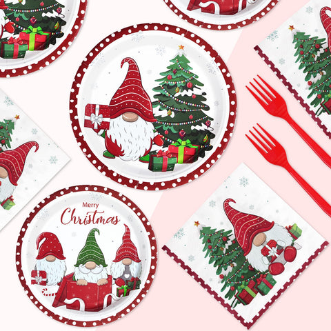 96 Pcs Christmas Gnomes Party Plates and Napkins - Grencian