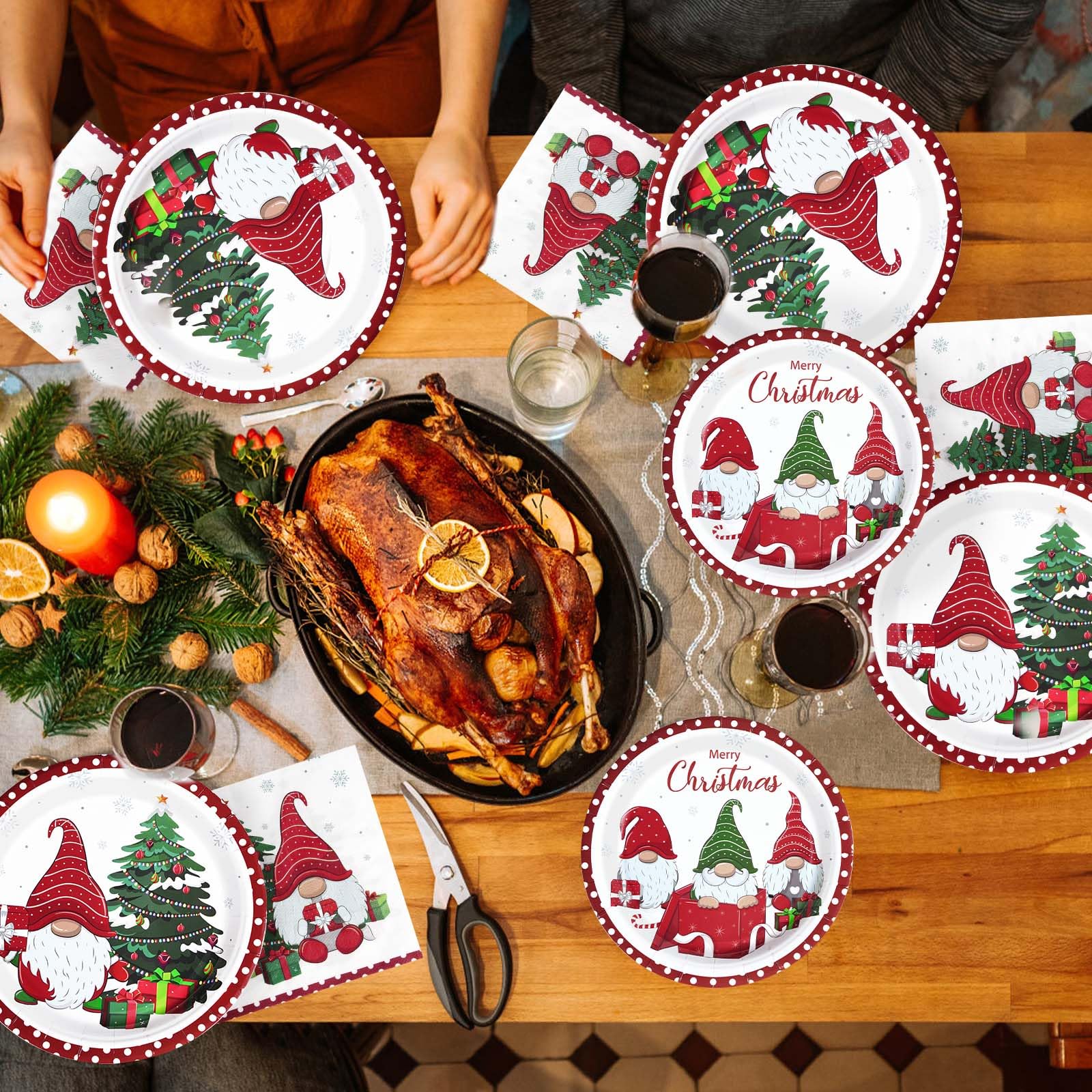 96 Pcs Christmas Gnomes Party Plates and Napkins - Grencian