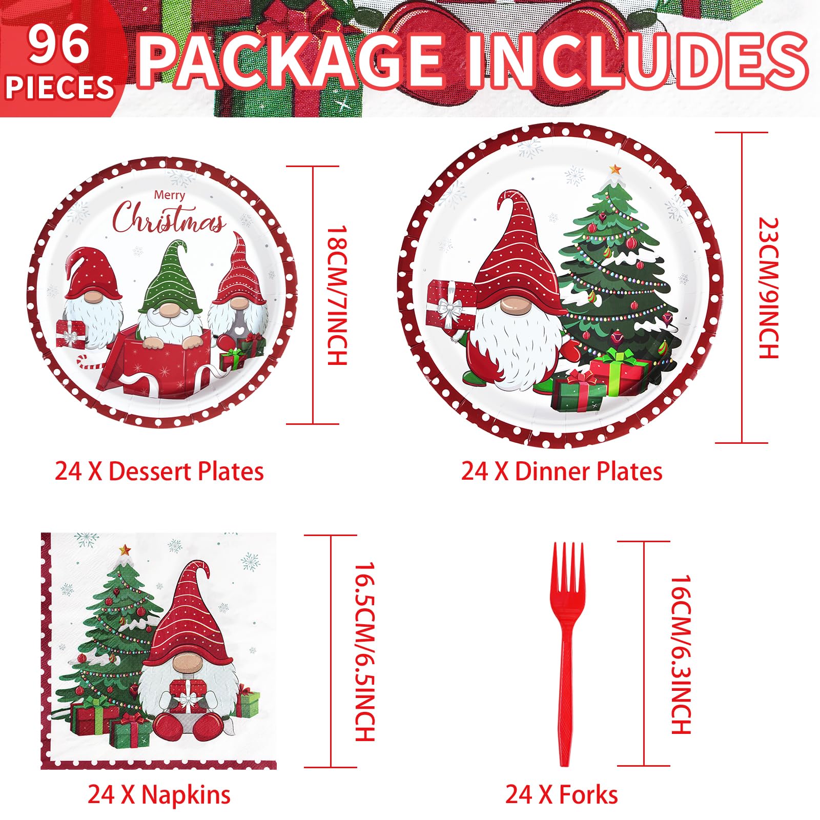 96 Pcs Christmas Gnomes Party Plates and Napkins - Grencian