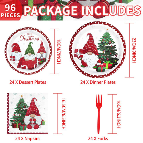 96 Pcs Christmas Gnomes Party Plates and Napkins - Grencian