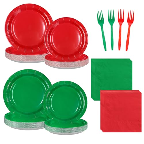 96 Pcs Christmas Red Green Party Plates and Napkins - Grencian