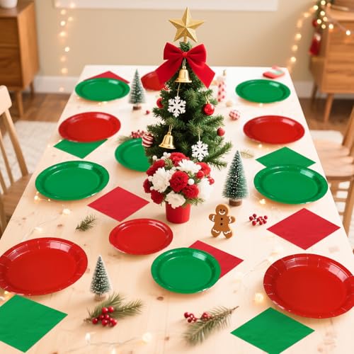 96 Pcs Christmas Red Green Party Plates and Napkins - Grencian