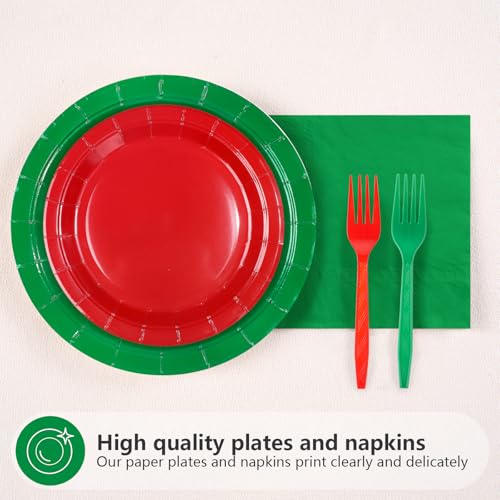 96 Pcs Christmas Red Green Party Plates and Napkins - Grencian