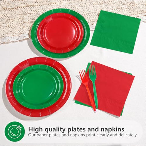 96 Pcs Christmas Red Green Party Plates and Napkins - Grencian