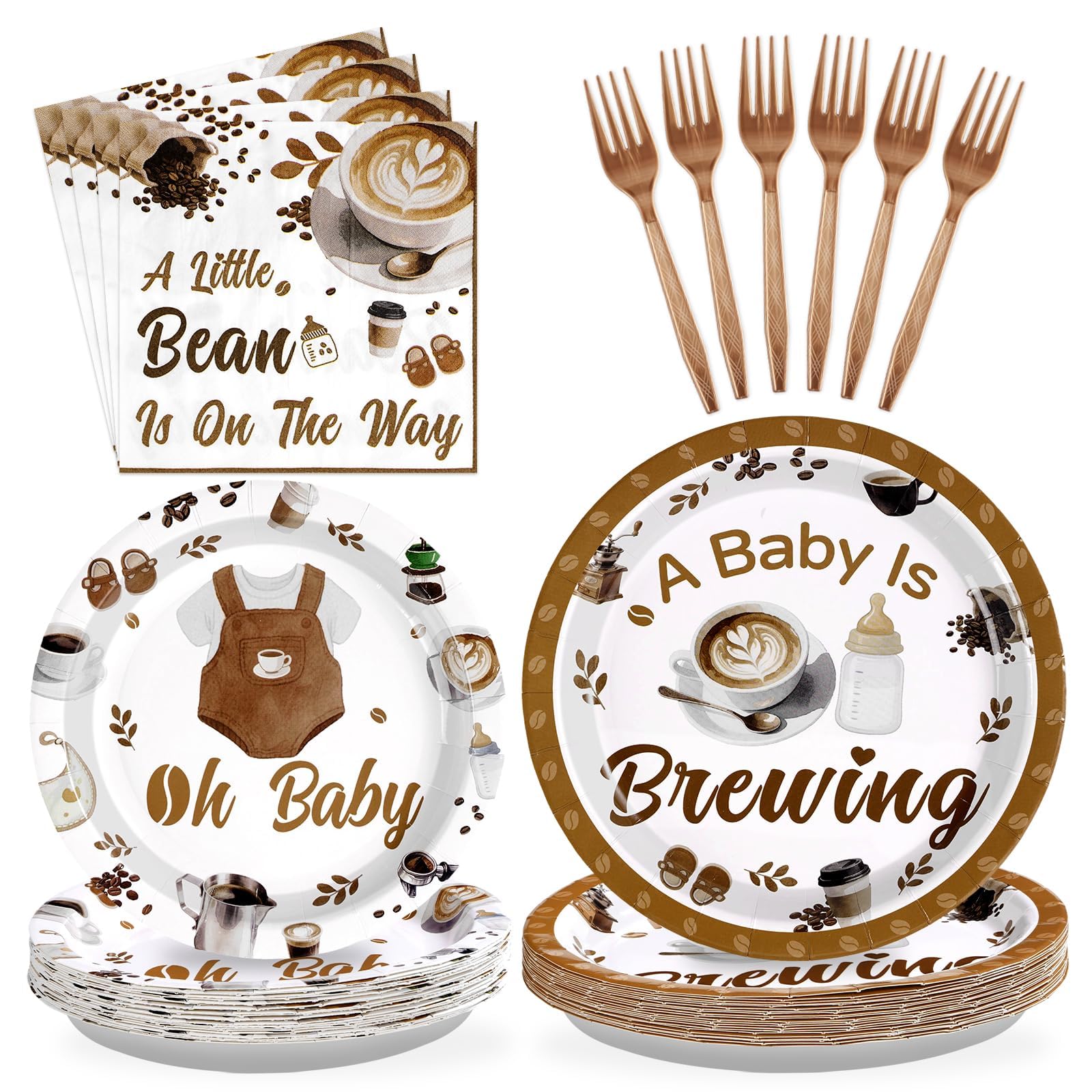 96 Pcs Coffee Baby Shower Party Plates and Napkins - Grencian
