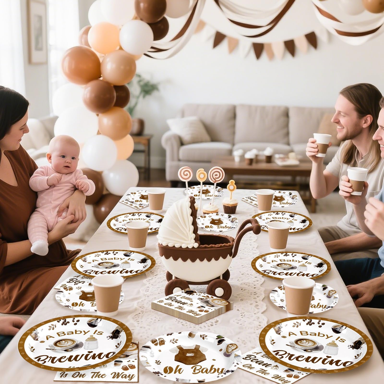 96 Pcs Coffee Baby Shower Party Plates and Napkins - Grencian