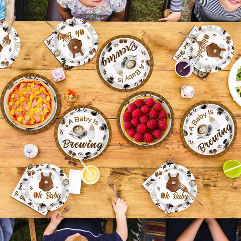 96 Pcs Coffee Baby Shower Party Plates and Napkins - Grencian