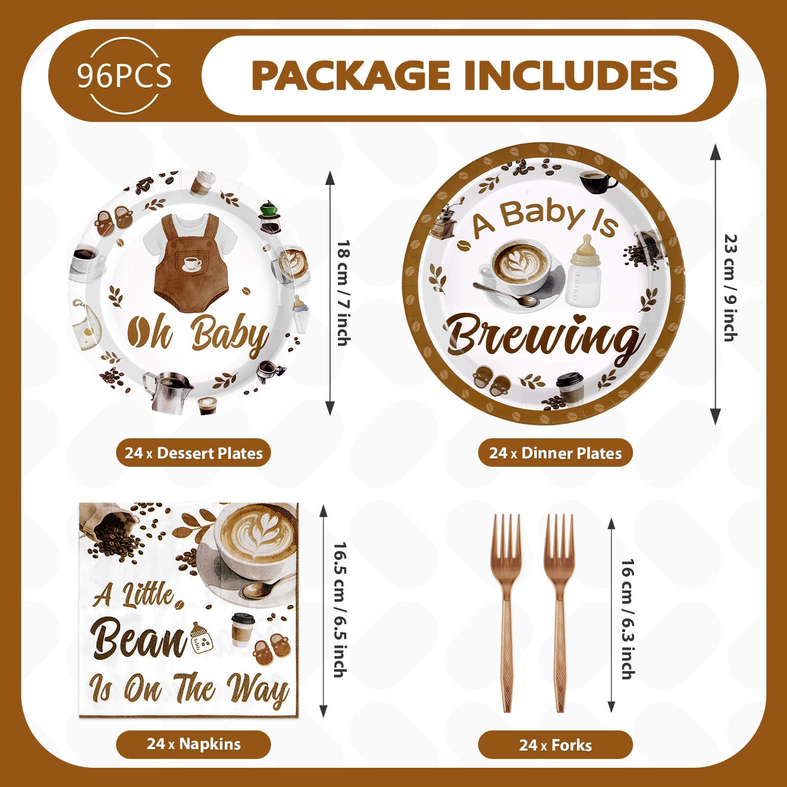 96 Pcs Coffee Baby Shower Party Plates and Napkins - Grencian