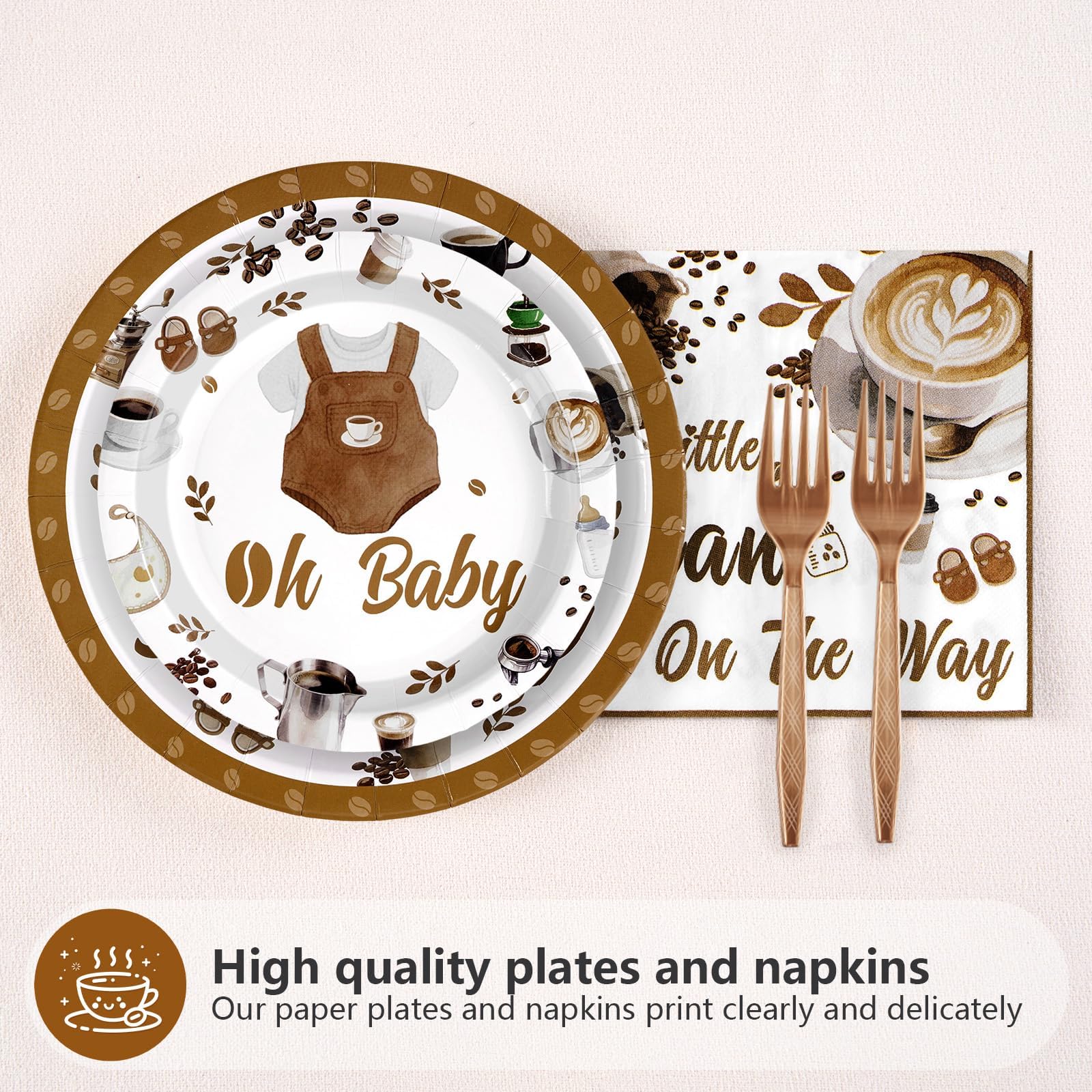 96 Pcs Coffee Baby Shower Party Plates and Napkins - Grencian