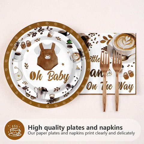 96 Pcs Coffee Baby Shower Party Plates and Napkins - Grencian
