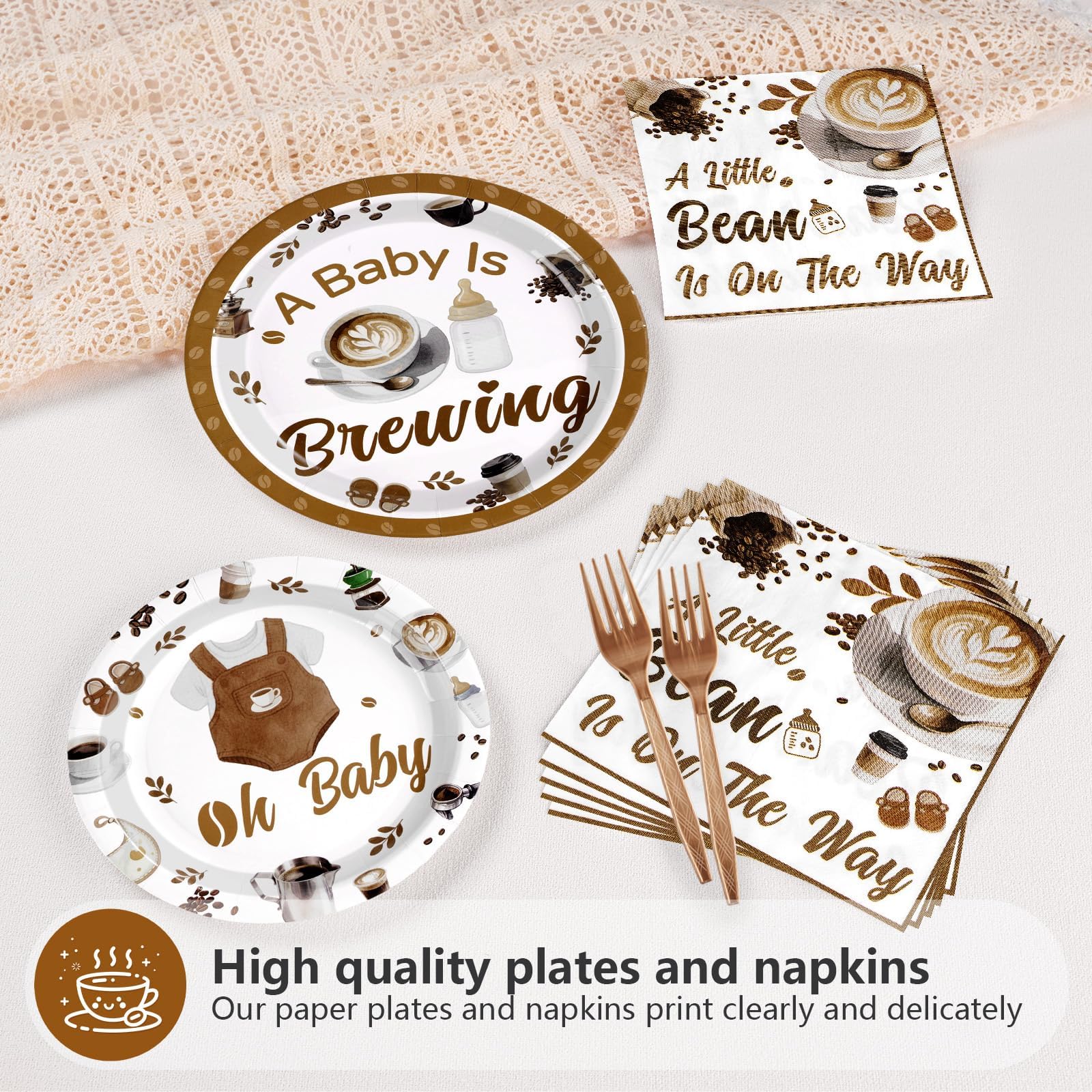 96 Pcs Coffee Baby Shower Party Plates and Napkins - Grencian