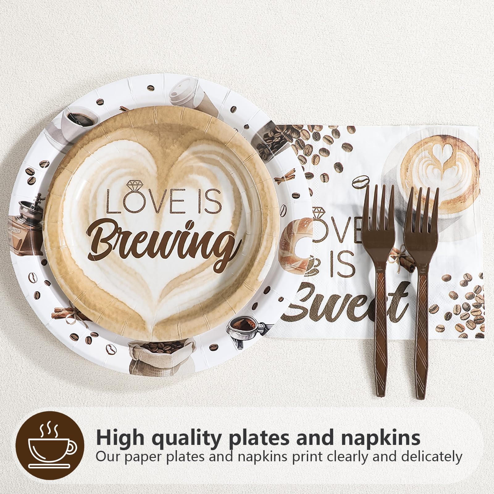 96 Pcs Coffee Bridal Shower Party Plates and Napkins - Grencian