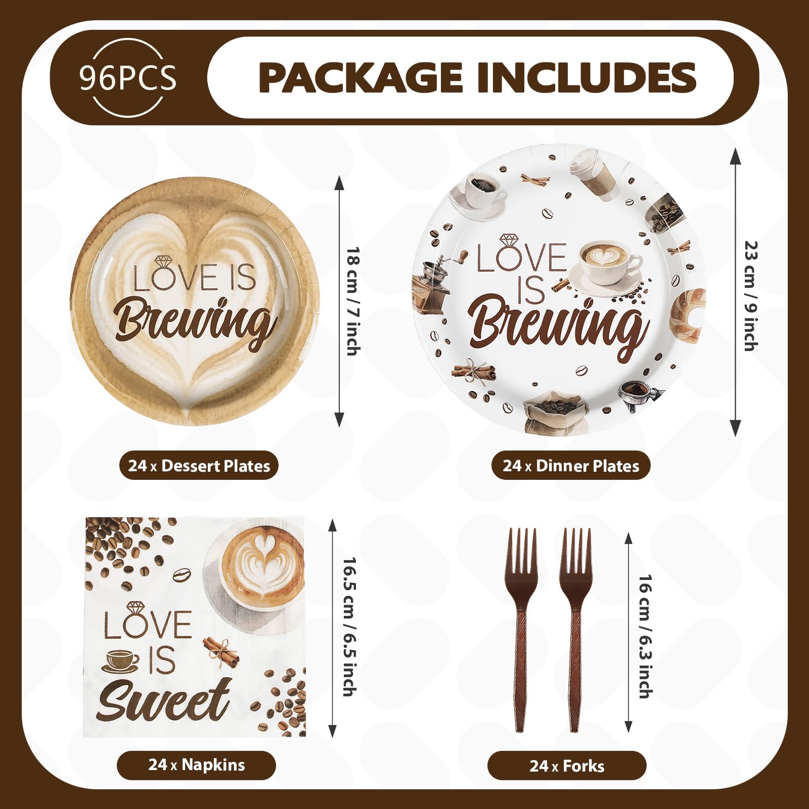 96 Pcs Coffee Bridal Shower Party Plates and Napkins - Grencian
