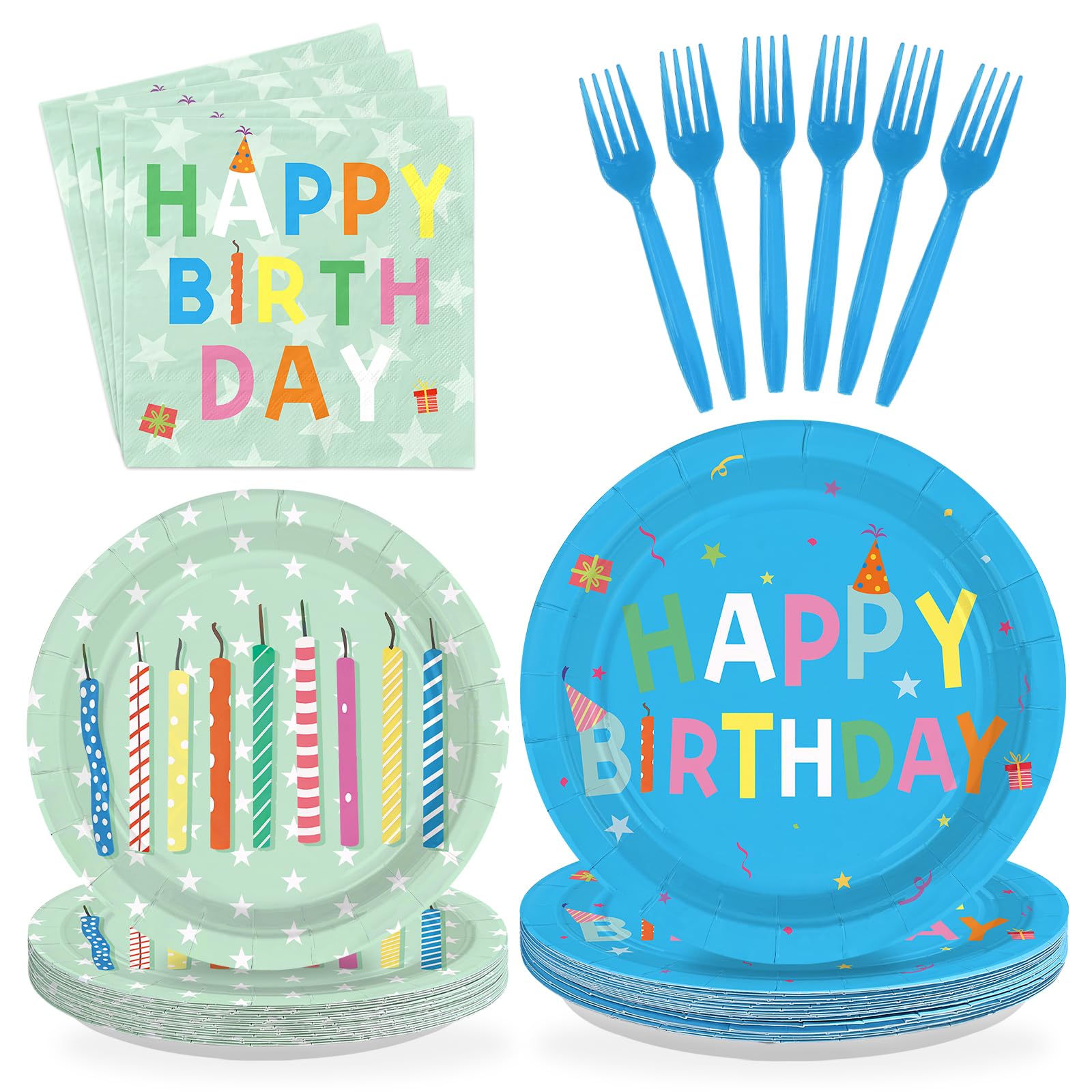 96 Pcs Colorful Candles Birthday Party Plates and Napkins - Grencian