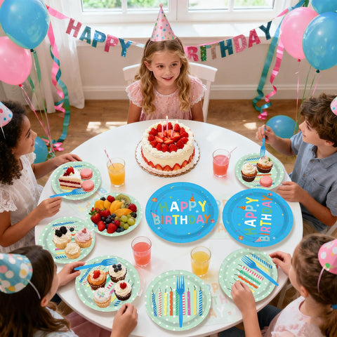 96 Pcs Colorful Candles Birthday Party Plates and Napkins - Grencian
