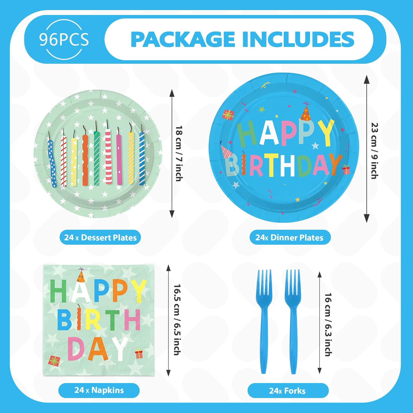 96 Pcs Colorful Candles Birthday Party Plates and Napkins - Grencian