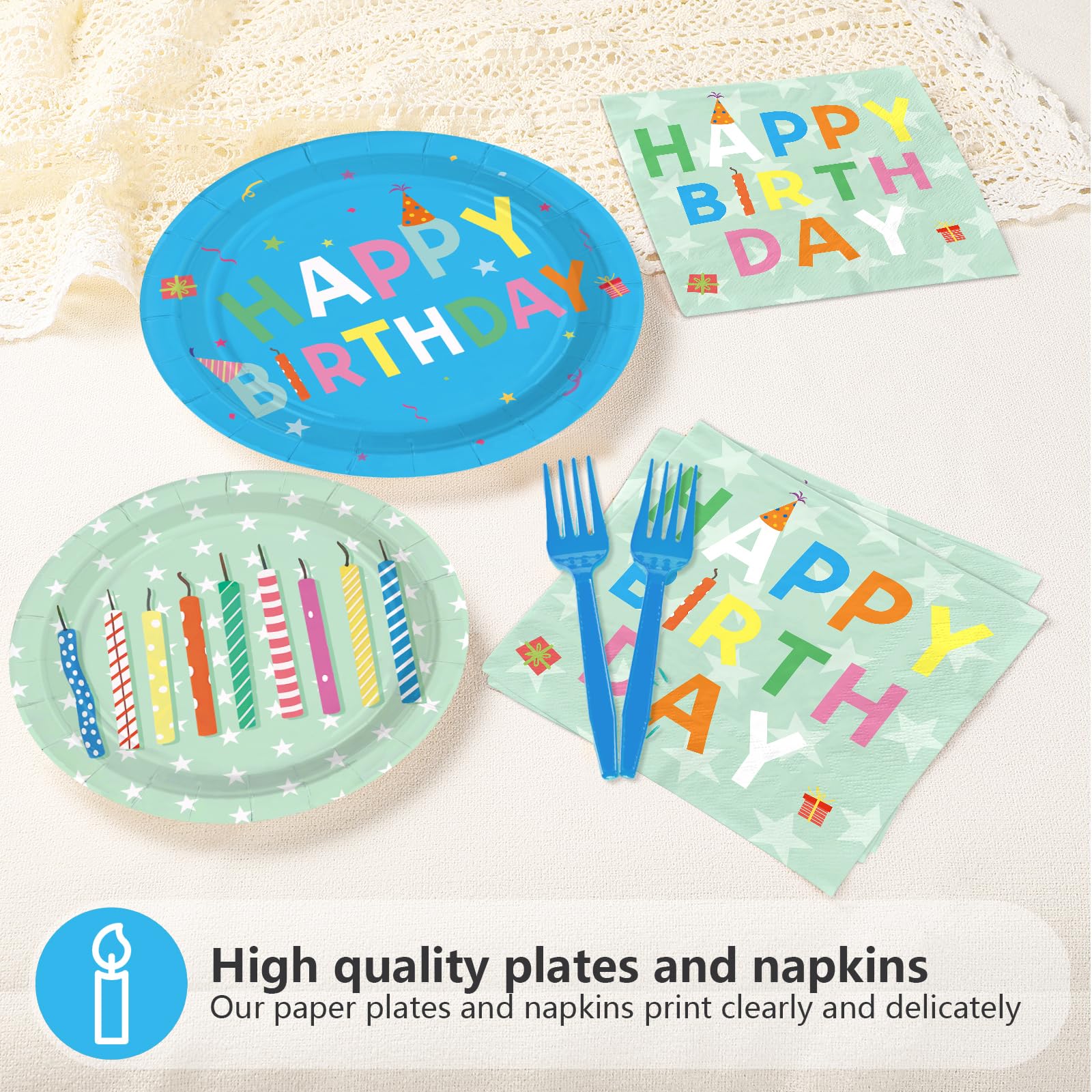 96 Pcs Colorful Candles Birthday Party Plates and Napkins - Grencian
