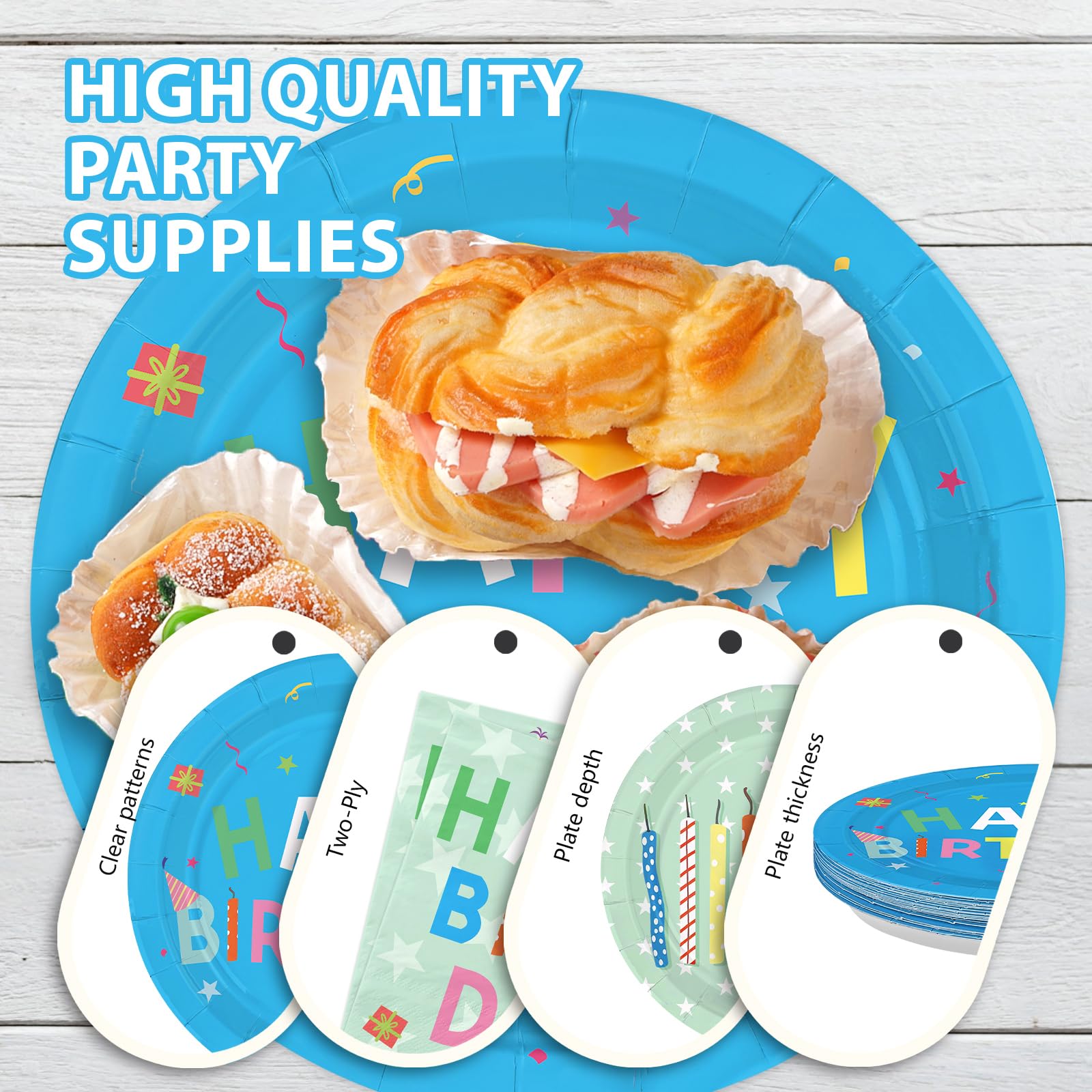 96 Pcs Colorful Candles Birthday Party Plates and Napkins - Grencian