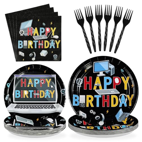 96 Pcs Computer Birthday Party Plates and Napkins - Grencian