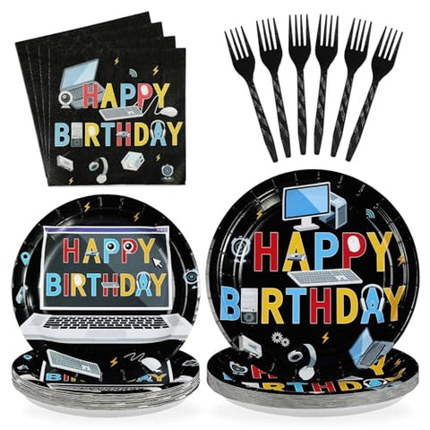 96 Pcs Computer Birthday Party Plates and Napkins - Grencian