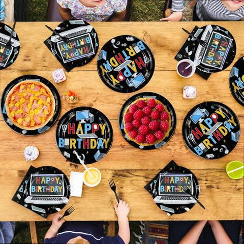 96 Pcs Computer Birthday Party Plates and Napkins - Grencian