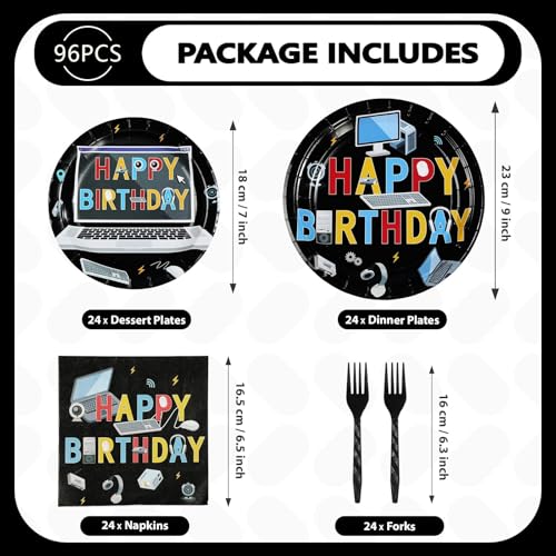 96 Pcs Computer Birthday Party Plates and Napkins - Grencian