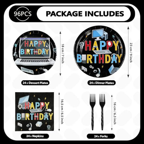 96 Pcs Computer Birthday Party Plates and Napkins - Grencian