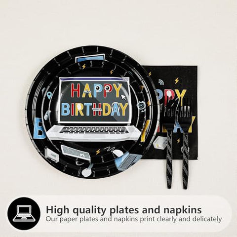 96 Pcs Computer Birthday Party Plates and Napkins - Grencian