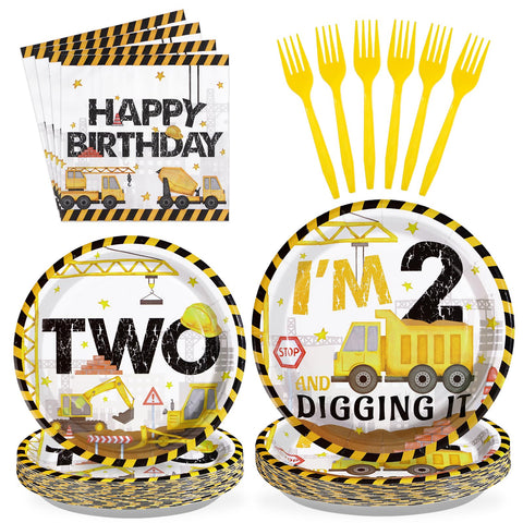 96 Pcs Construction 2nd Birthday Party Plates and Napkins - Grencian