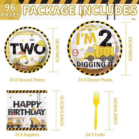 96 Pcs Construction 2nd Birthday Party Plates and Napkins - Grencian