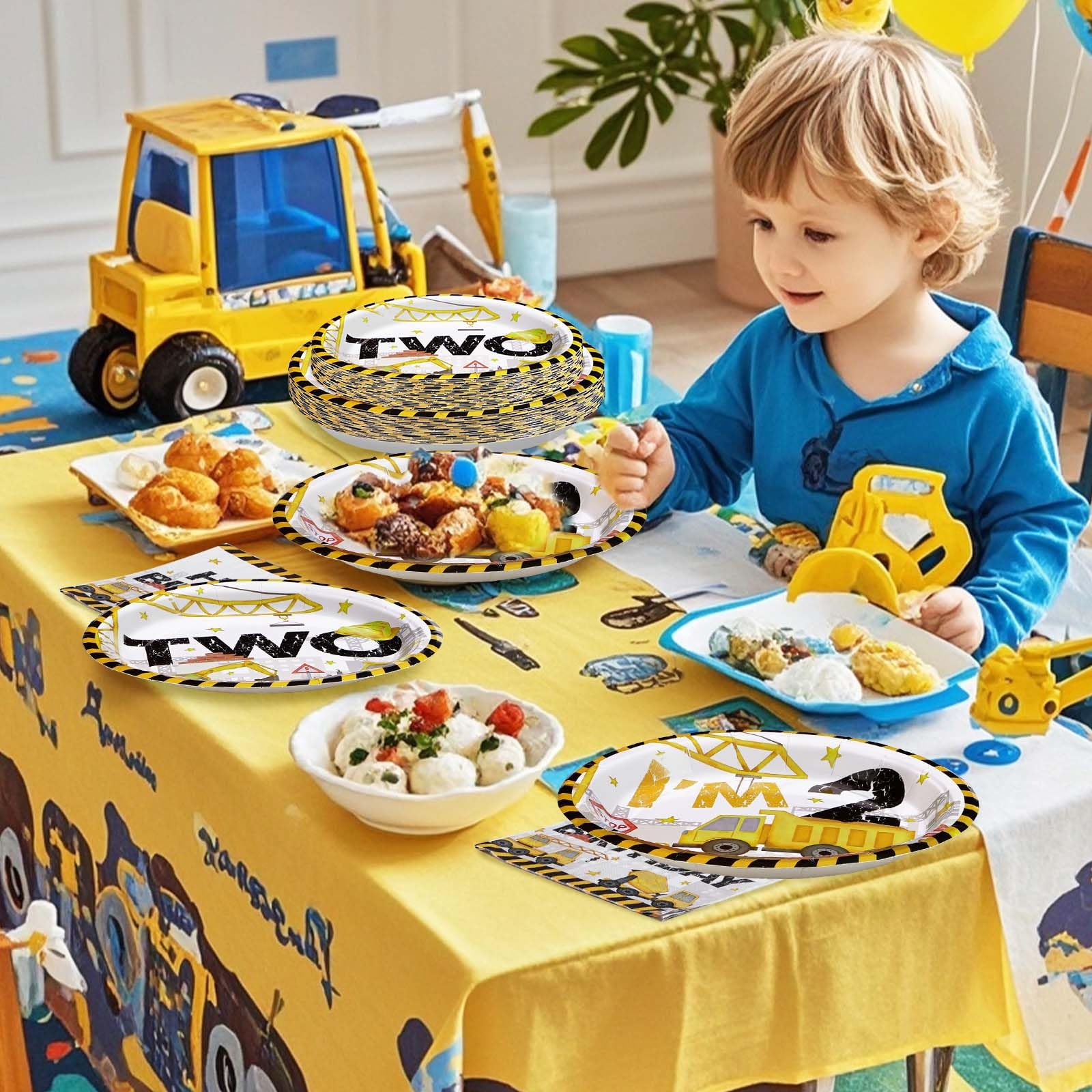 96 Pcs Construction 2nd Birthday Party Plates and Napkins - Grencian