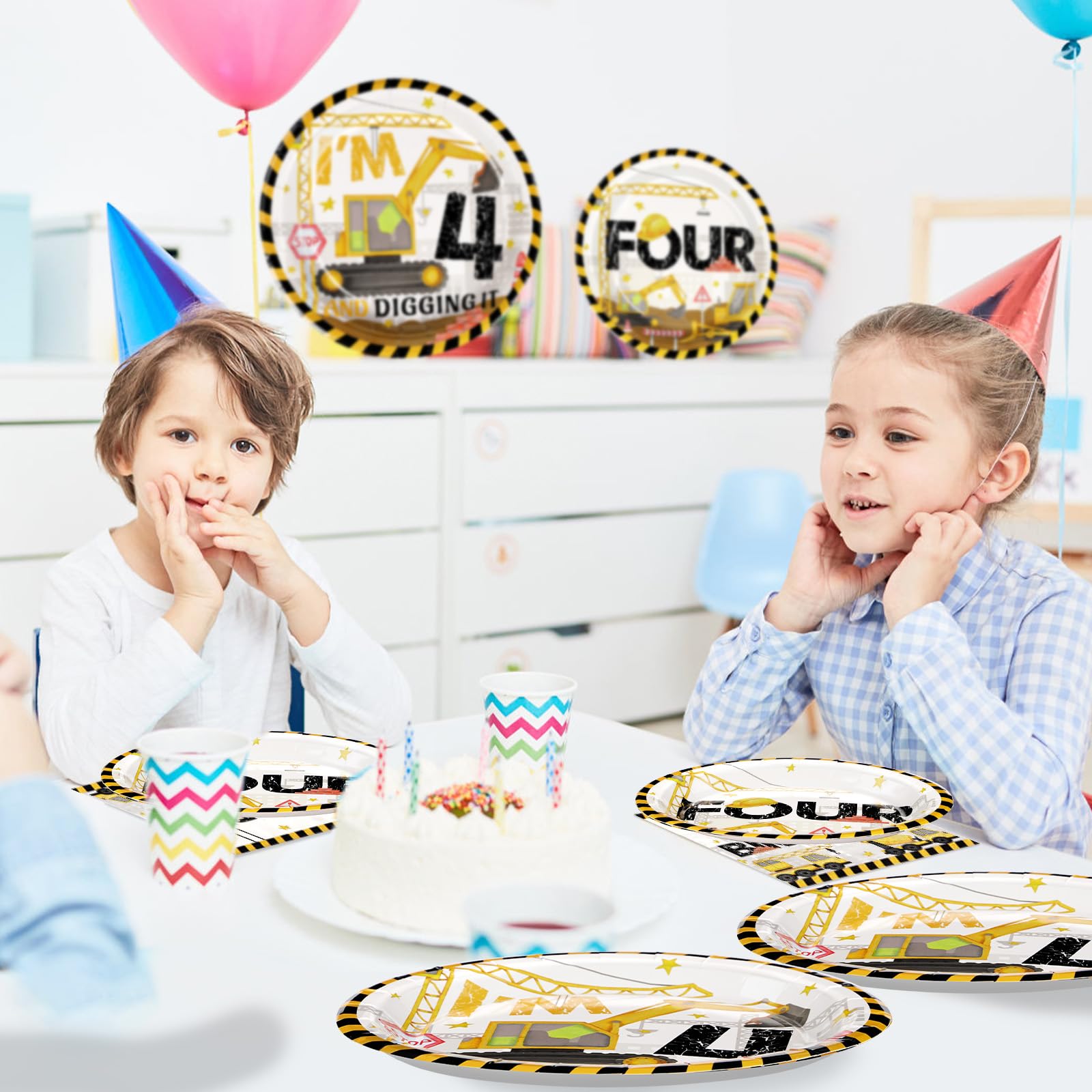 96 Pcs Construction 4th Birthday Party Plates and Napkins - Grencian