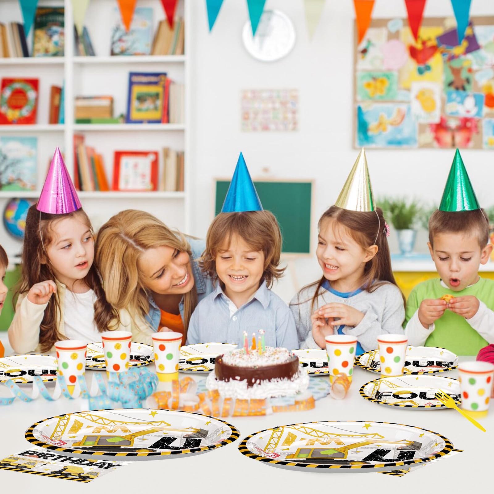 96 Pcs Construction 4th Birthday Party Plates and Napkins - Grencian