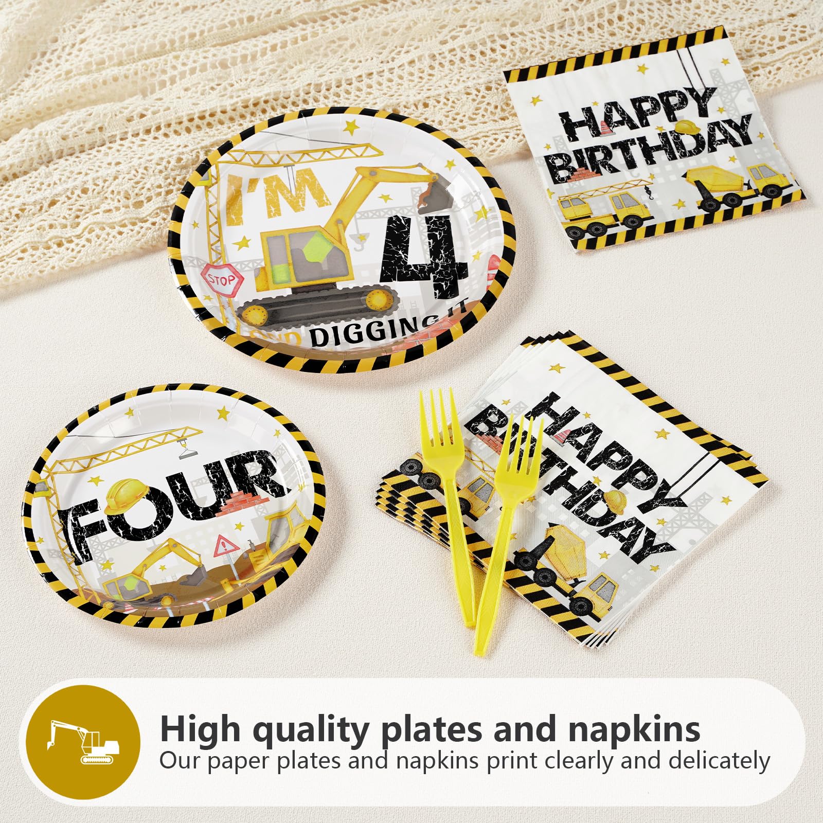 96 Pcs Construction 4th Birthday Party Plates and Napkins - Grencian