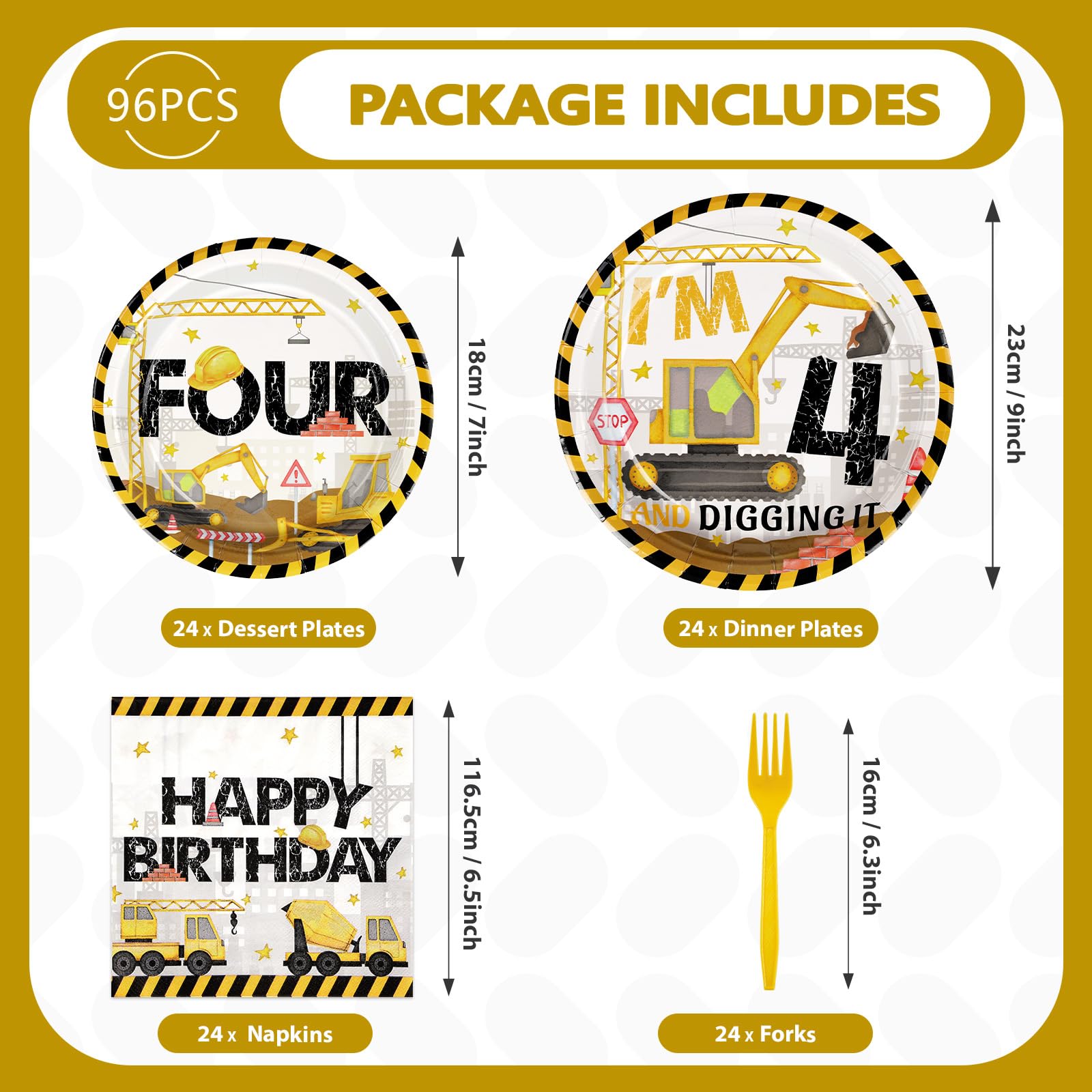 96 Pcs Construction 4th Birthday Party Plates and Napkins - Grencian