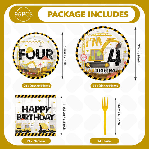 96 Pcs Construction 4th Birthday Party Plates and Napkins - Grencian