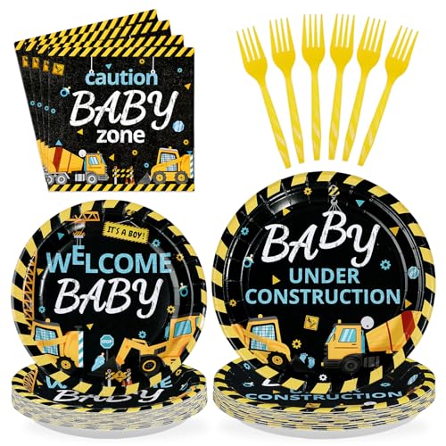 96 Pcs Construction Baby Shower Party Plates and Napkins - Grencian