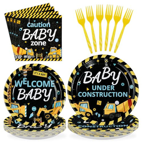 96 Pcs Construction Baby Shower Party Plates and Napkins - Grencian