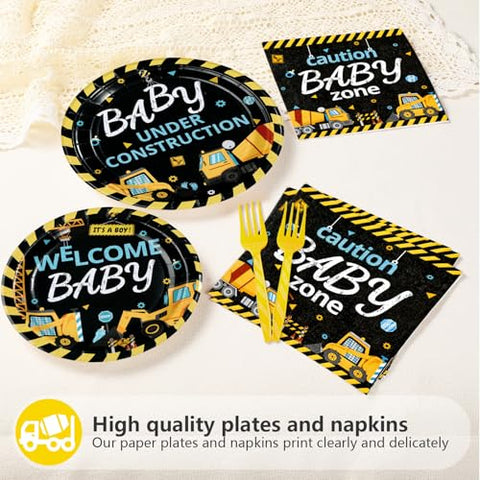 96 Pcs Construction Baby Shower Party Plates and Napkins - Grencian