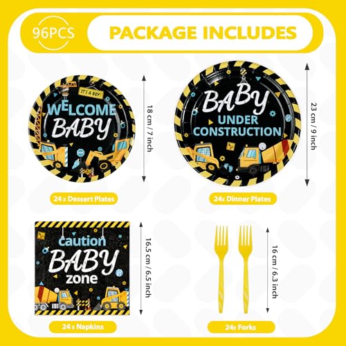 96 Pcs Construction Baby Shower Party Plates and Napkins - Grencian