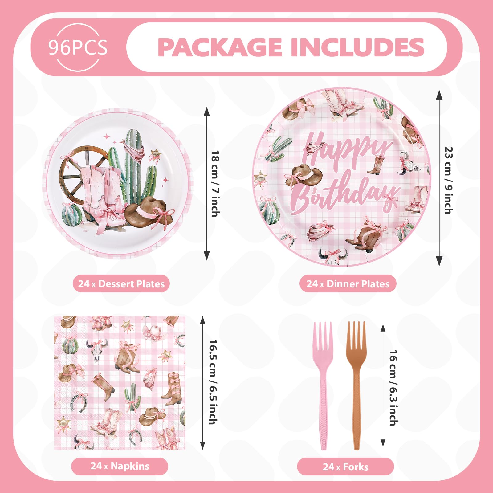96 Pcs Coquette Bow Cowgirl Birthday Party Plates and Napkins - Grencian