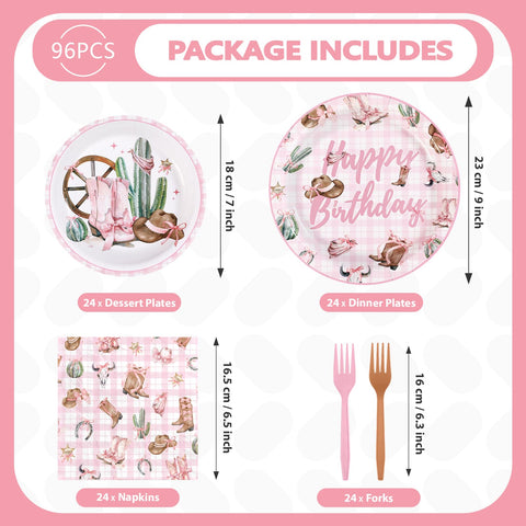 96 Pcs Coquette Bow Cowgirl Birthday Party Plates and Napkins - Grencian