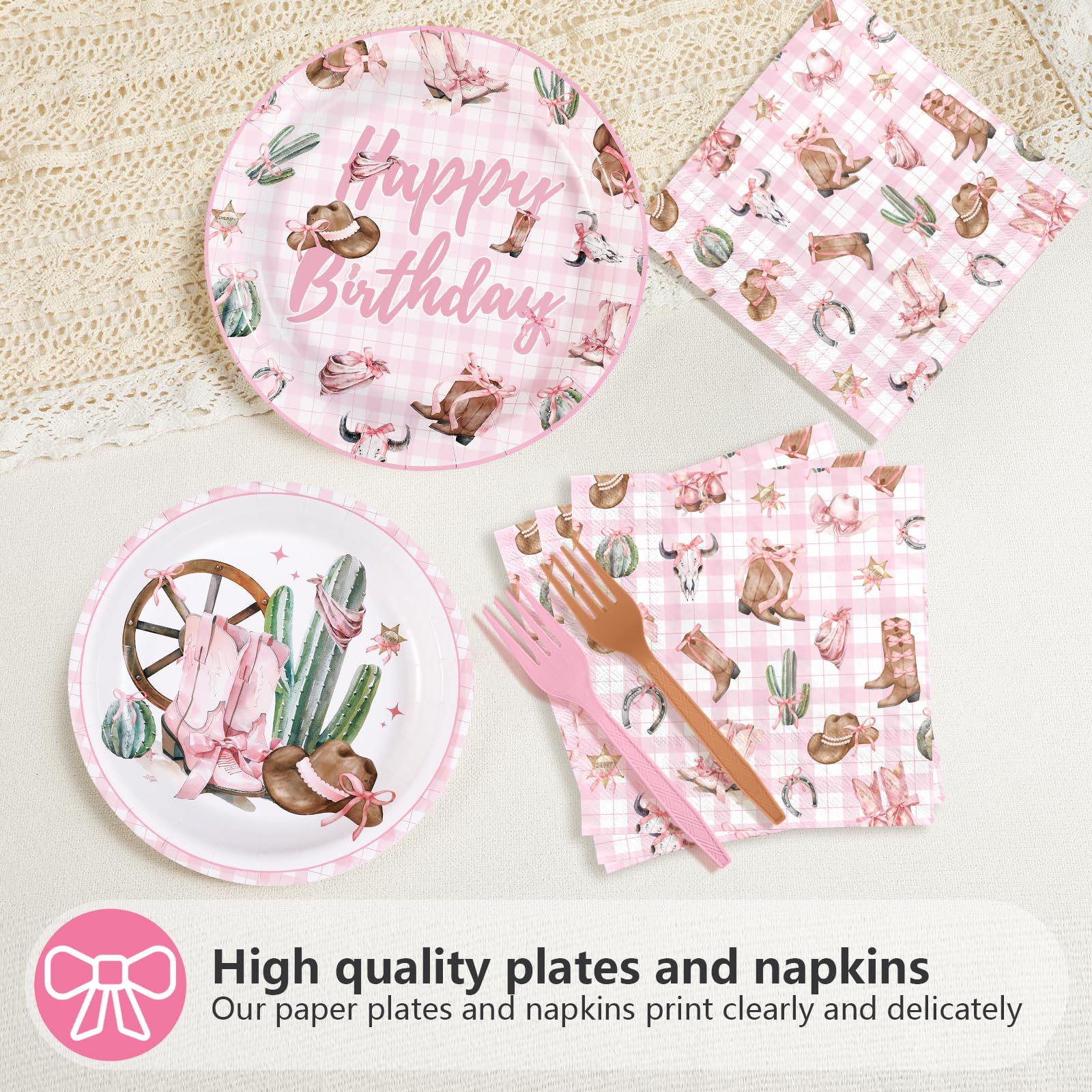 96 Pcs Coquette Bow Cowgirl Birthday Party Plates and Napkins - Grencian