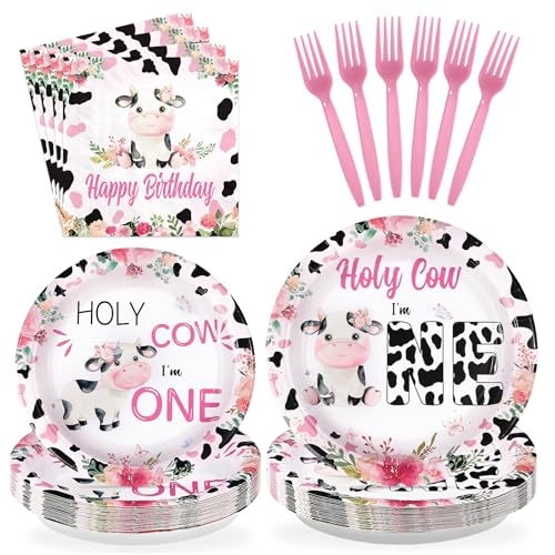 96 Pcs Cow 1st Birthday Party Plates and Napkins - Grencian