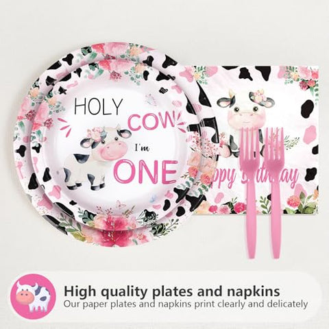 96 Pcs Cow 1st Birthday Party Plates and Napkins - Grencian
