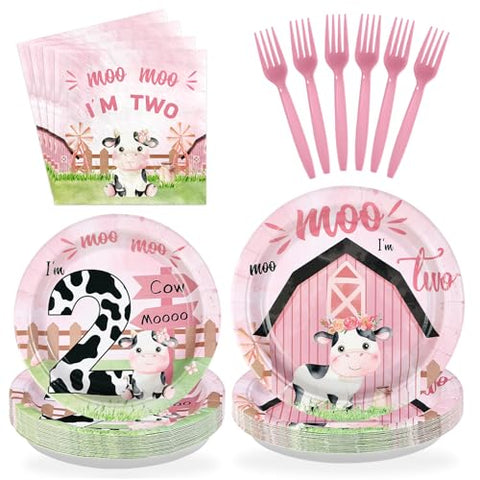 96 Pcs Cow 2nd Birthday Party Plates and Napkins - Grencian